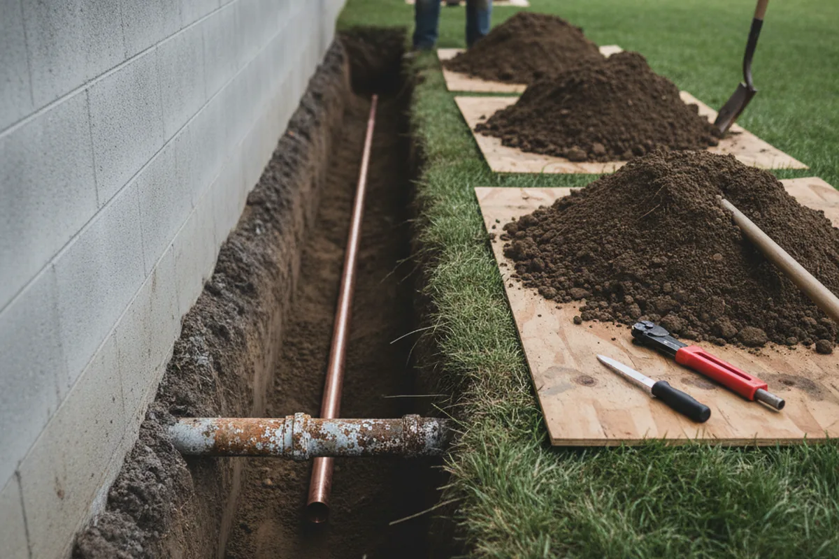 Excavated water line trench during Sewer Line Repair in Brant